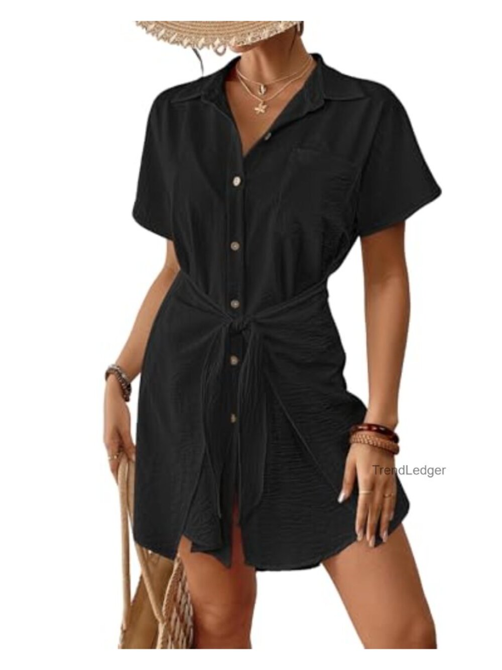 Short Sleeve Button Down Tie Beach Shirt Cover Up Dress - Picture 1 of 6